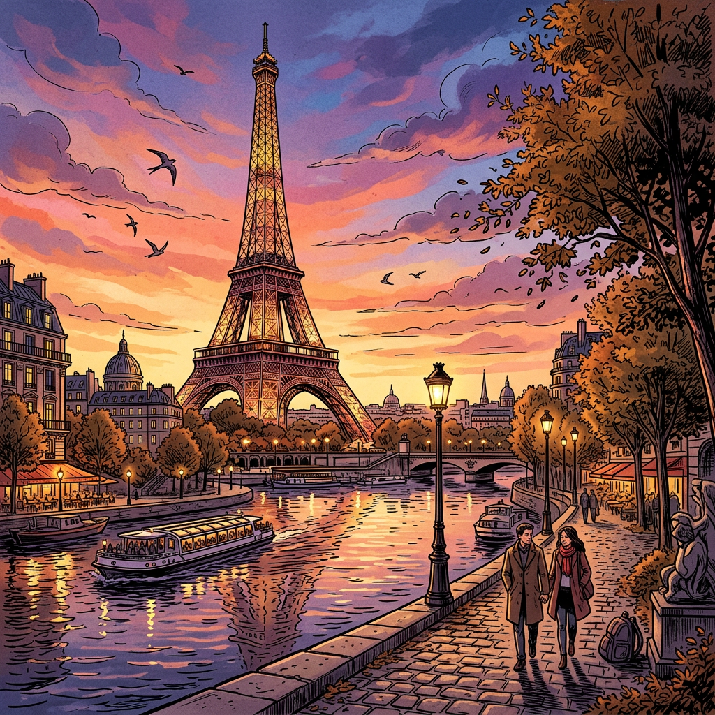Eiffel Tower Sunset: A Captivating Graphic Novel Scene | AI Art