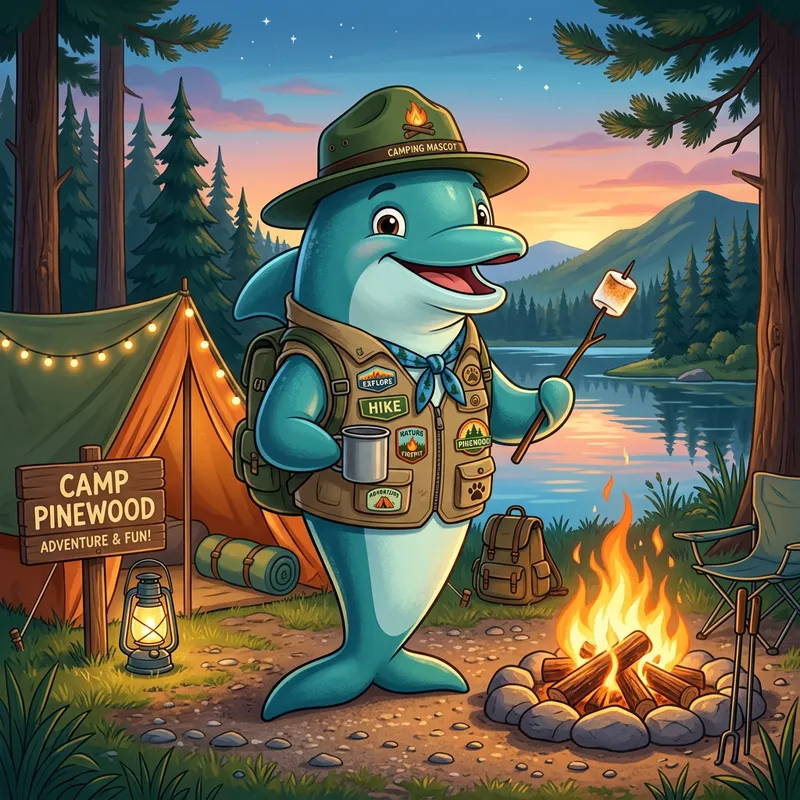 Camping Dolphin Mascot: Fun & Adventure Awaits