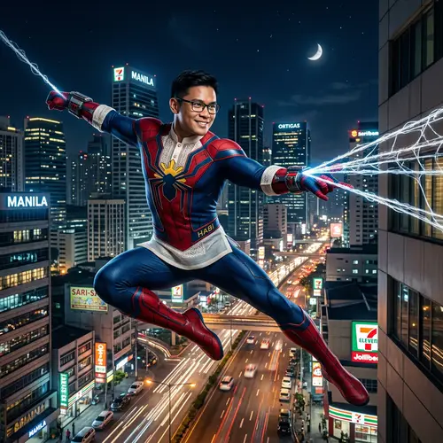 Filipino Spider Superhero Leaping Across Night Cityscape