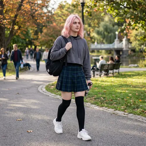 Stylish Femboy in Park: Pink Hair & Crop Top
