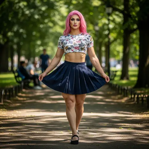 Stylish Femboy in Park: Pink Hair & Crop Top
