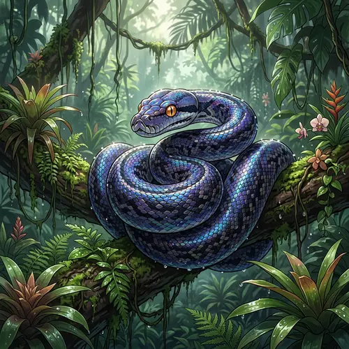 Anime Style Python Snake Illustration in Lush Rainforest Habitat