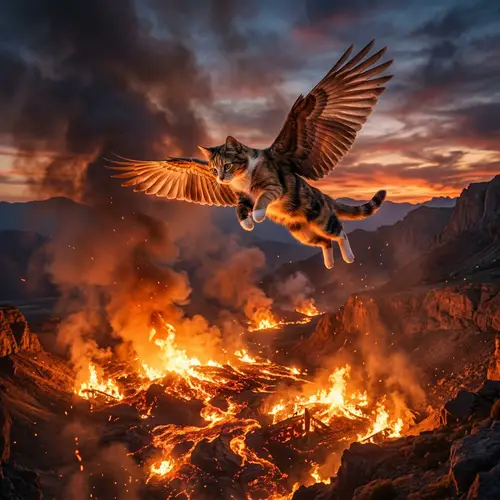 Winged Cat Flying Above Fire - Mythical Creature Image