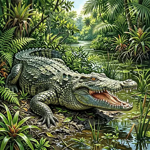 Realistic Crocodile Illustration in Tropical Swamp
