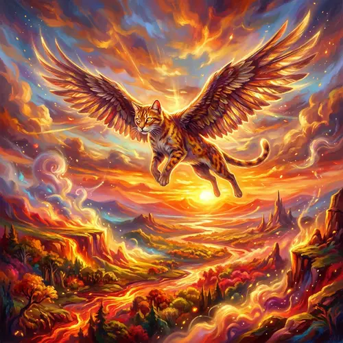 Vibrant Winged Feline in Surreal Landscape | Fantasy Art