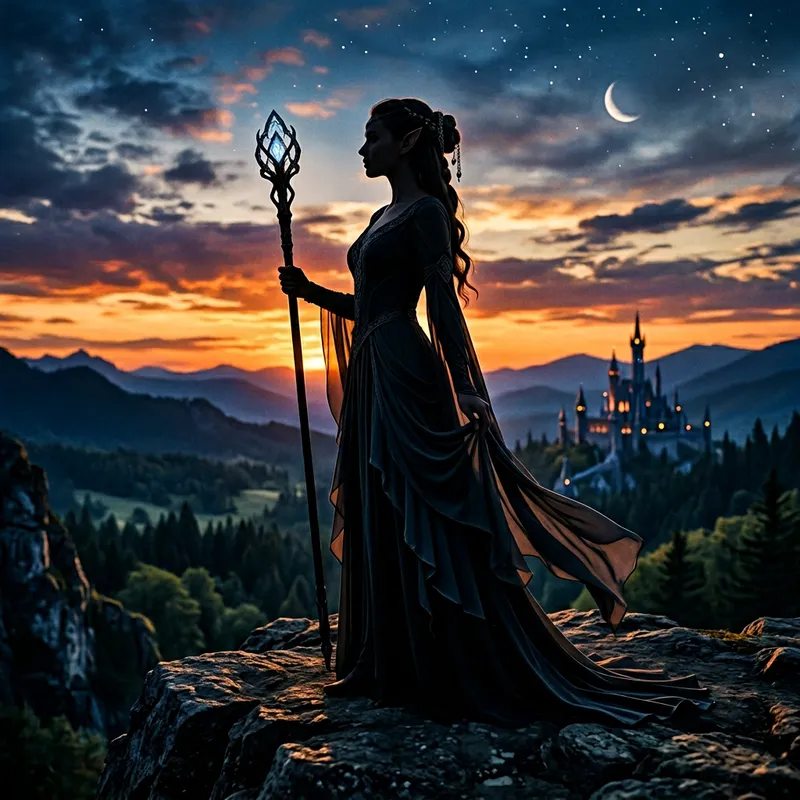 Silhouette of a Female Elf Mage in a Dress