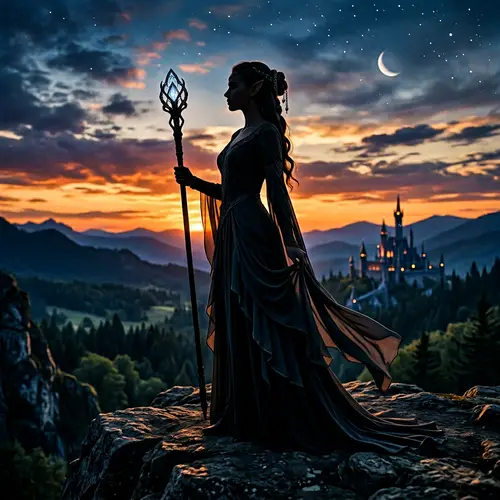 Silhouette of a Female Elf Mage in a Dress