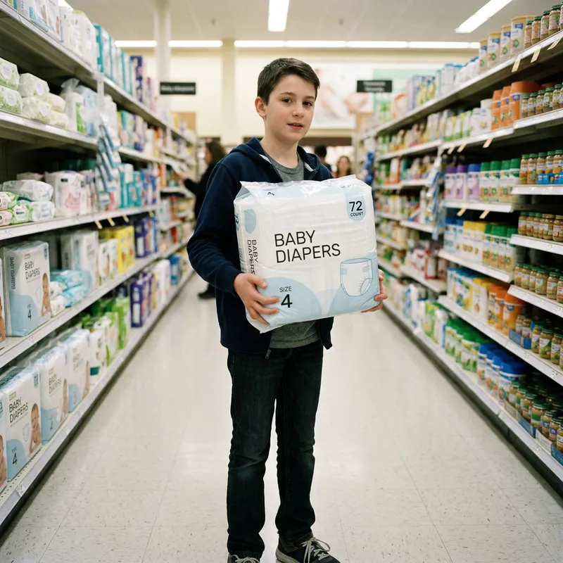 13-Year-Old Boy Holding Generic Baby Diapers | Top Pampers Baby Dry