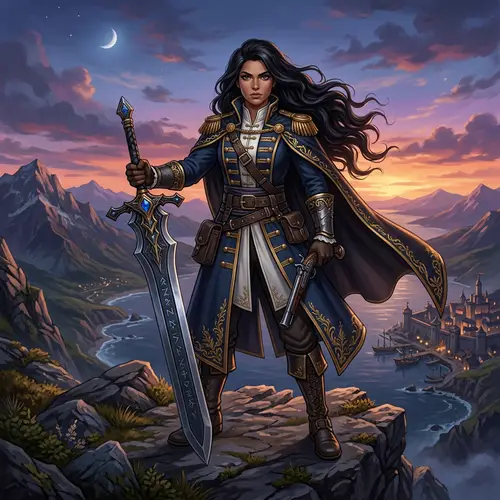 Heroic Dark-Haired Character in Navy Attire with a Sword