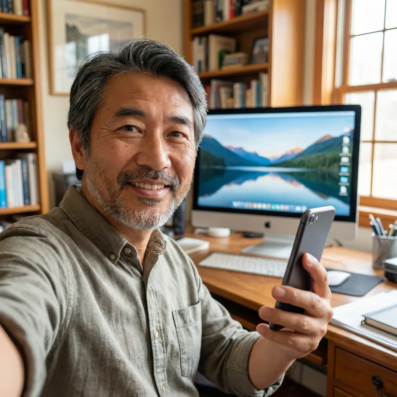 Mature Man Black Hair Selfie at PC | Home Office Environment