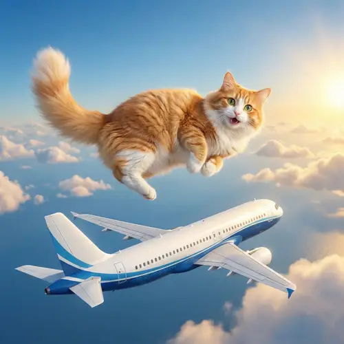 Flying Cat Soaring Over Airplane | Spectacular Sky Scene