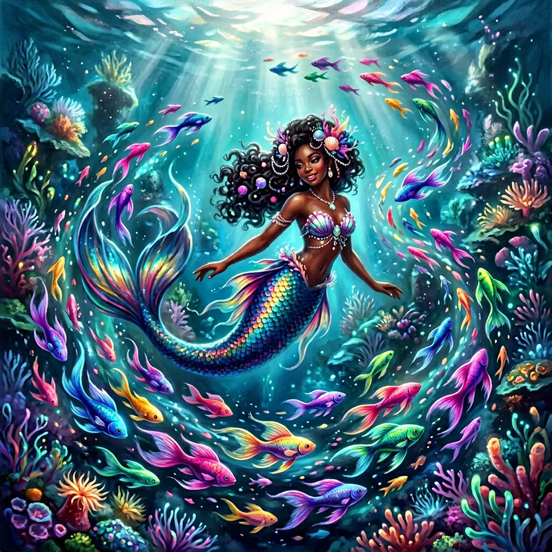 Surreal Underwater Mermaid Fantasy with Colorful Fish