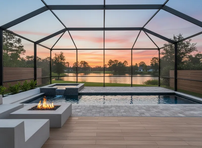 Stunning Narrow Lap Pool Design with Spa & Fire Pit