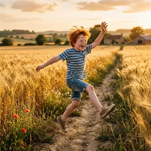 Joyful Red-haired Boy Skipping Across Golden Field