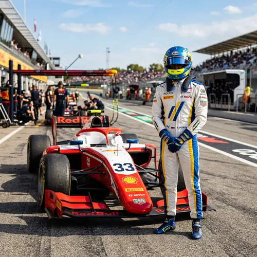 Professional Formula Racing Driver in White Suit and Blue Helmet