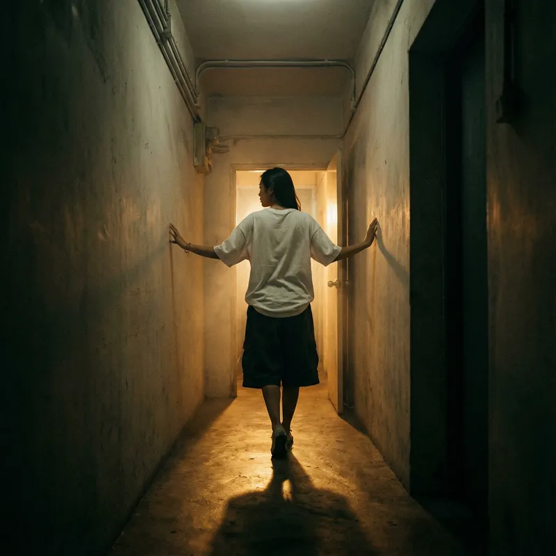 Captivating Cinematic Noir Scene: Woman in Relaxed Outfit Strolling Through Dimly Lit Hallway