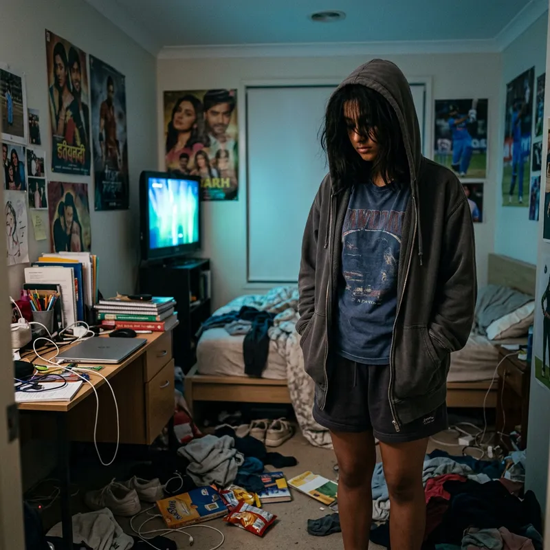 Messy Room Girl in Unzipped Hoodie and Shorts