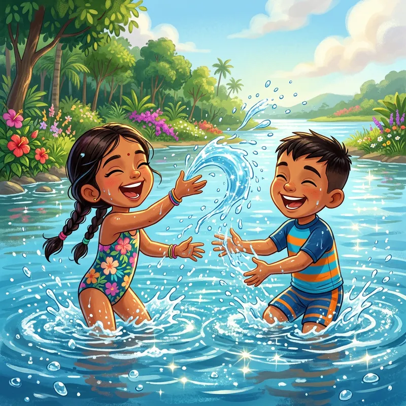 Diverse Kids Enjoy Cartoonish Water Play | Funny Illustration Diverse Kids Enjoy Cartoonish Water Play | Funny Illustration
