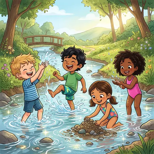 Joyful Cartoon Children Playing in a Gentle Stream