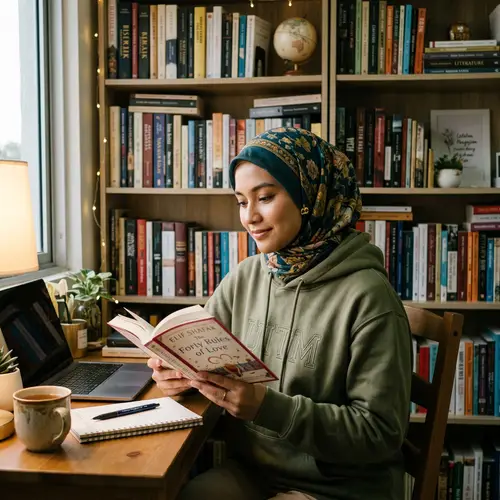 Malay Woman in Traditional Hijab and Hoodie in Cozy Study Room