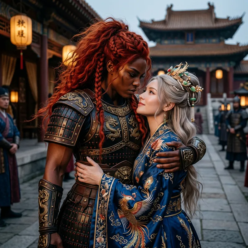 Passionate Red-Haired Warrior Embracing Tender Empress - Love and Power