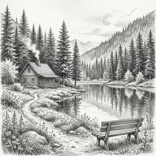 Tranquil Pencil Sketch of Evergreen Trees by Lake