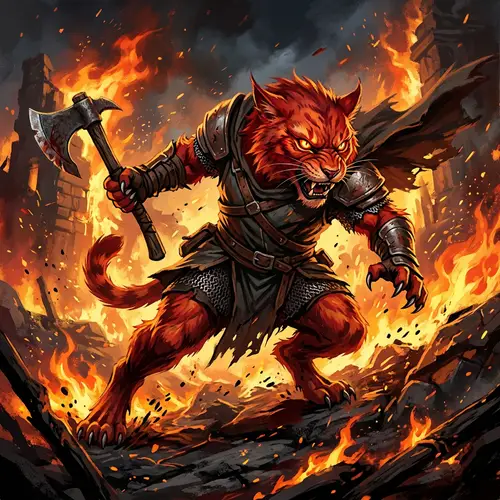 Fierce Red Cat with AK-47 in Fiery Scene