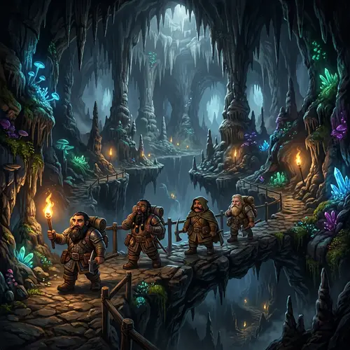 Deep Rock Galactic Game Background with Dwarfs in Deep Dark Fantasy Style