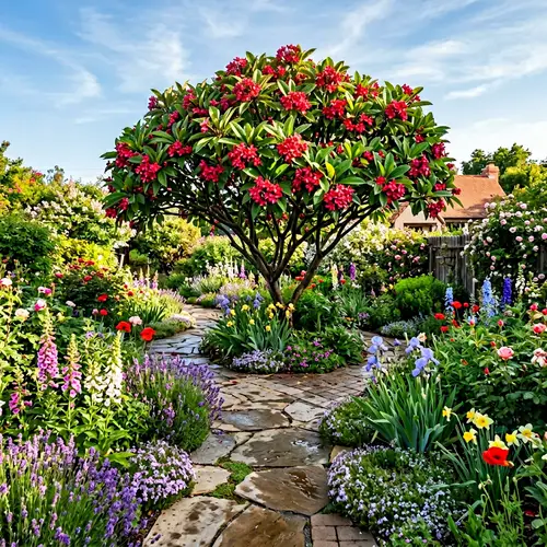 Vibrant Spring Flower Garden with Plumeria Tree