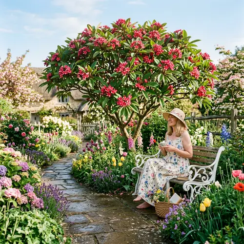 Charming Spring Flower Garden with Plumeria Tree