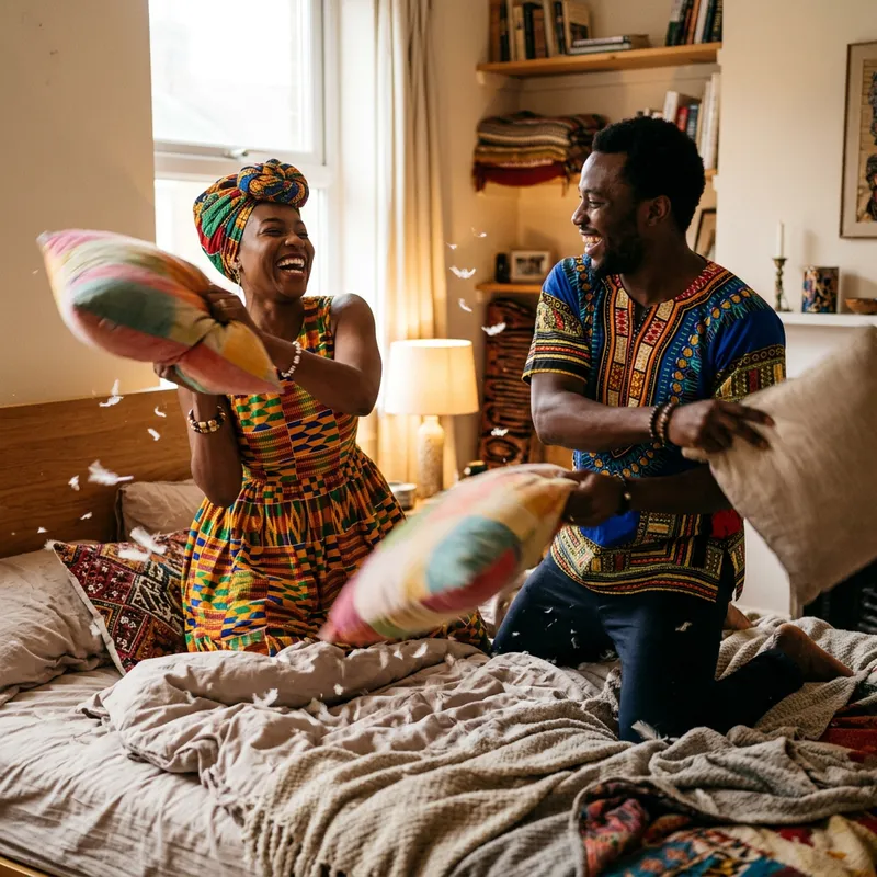 Captivating Pillow Fight: African Couple's Joyful Romance Immortalized