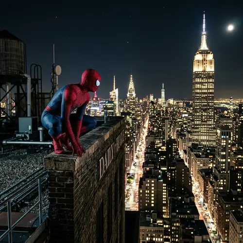 Superhero overlooking city skyline in red and blue costume