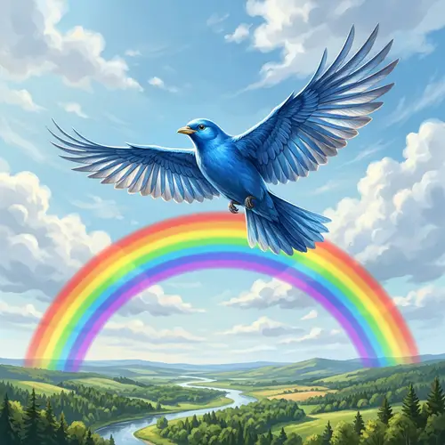 Graceful Blue Bird Soaring Above Vibrant Rainbow