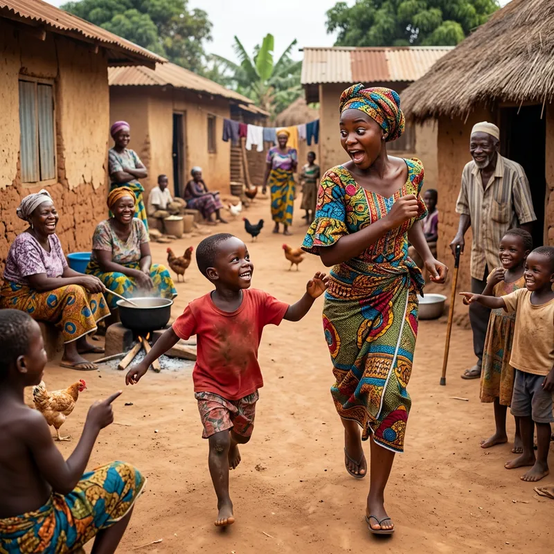 Heartwarming Scene: Young African Boy Chases Woman in Rustic Village Heartwarming Scene: Young African Boy Chases Woman in Rustic Village