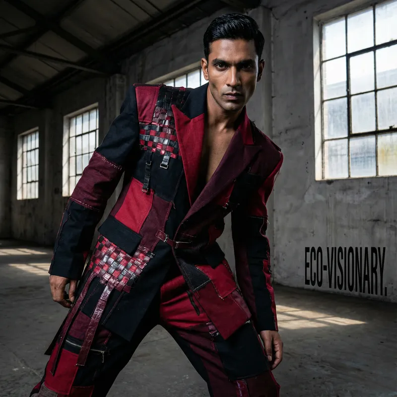 Avant-Garde Recycled Materials Suit | Bold Black & Red Palette Avant-Garde Recycled Materials Suit | Bold Black & Red Palette