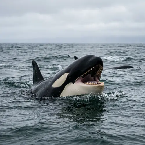 Female Orca Opens Mouth at Sea - Captivating View