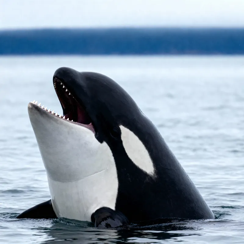 Female Orca Opens Mouth at Sea - Captivating View