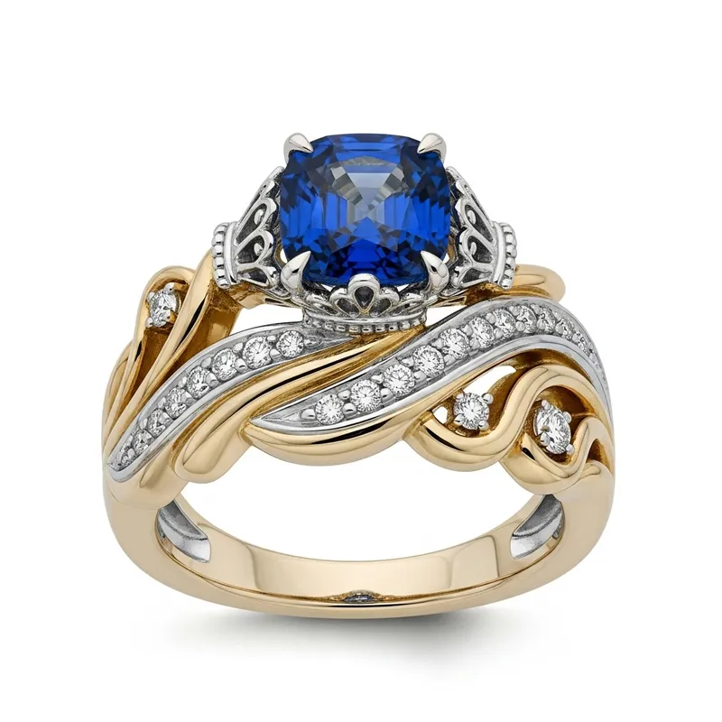 Crown & Waves 0.7 Carat Cushion Blue Sapphire Ring