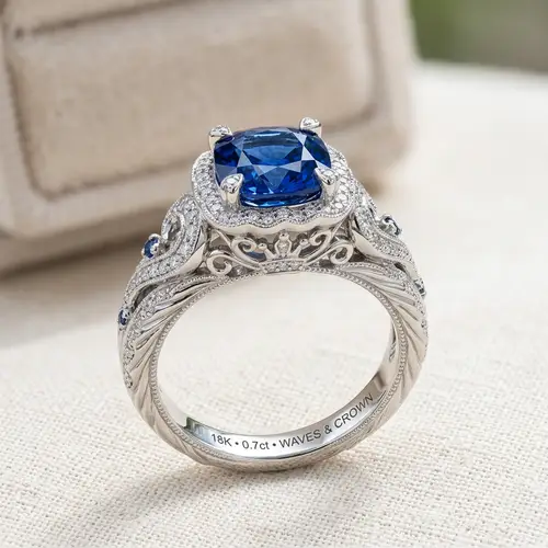 Crown & Waves 0.7 Carat Cushion Blue Sapphire Ring