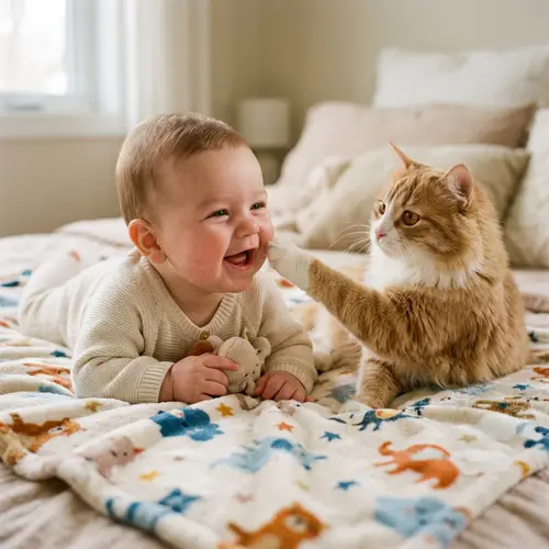 Cute Baby and Cat Stroking Moment | Comforting Scene