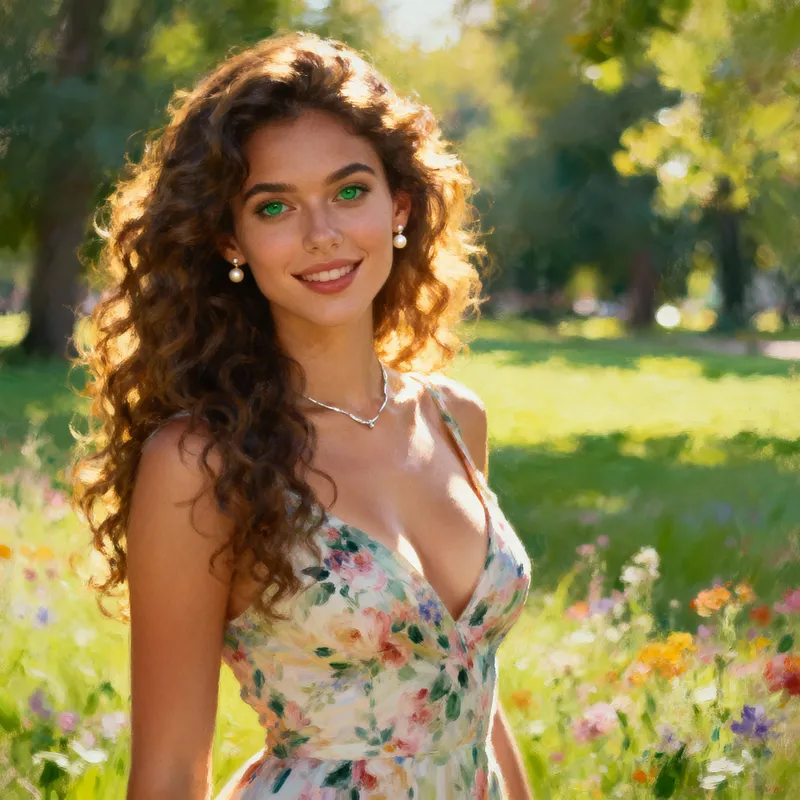 Elegant Model in Sun-Drenched Park with Wildflowers