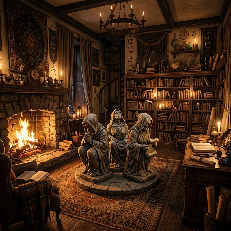 Enchanting Wizard's Library - Ancient Statues & Cozy Fireplace