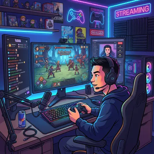 Young Asian Gamer Streamer in Captivating Setup