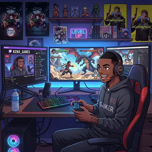 Young Man Gamer with Black Buzzcut Hair in Anime Style