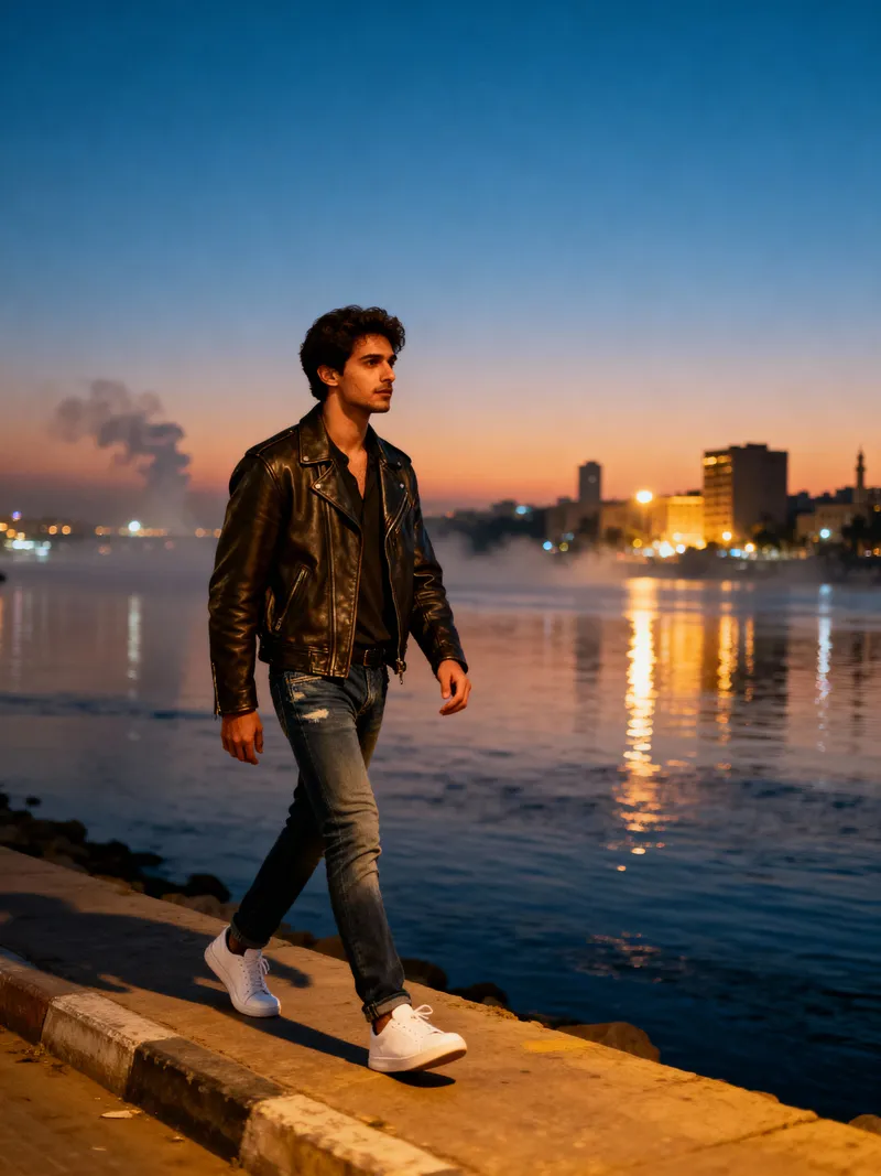 Stylish Young Man on Cairo's Corniche at Sunset Stylish Young Man on Cairo's Corniche at Sunset