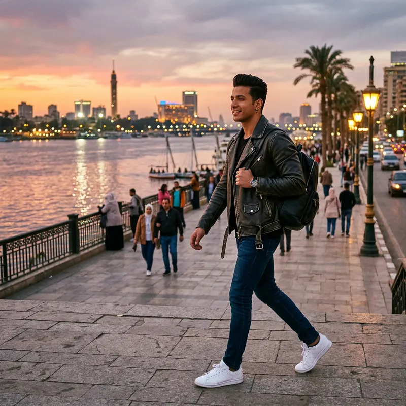 Stylish Young Man on Cairo's Corniche at Sunset