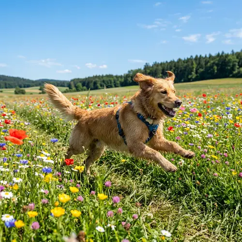 Energetic Dog Running in Colorful Field