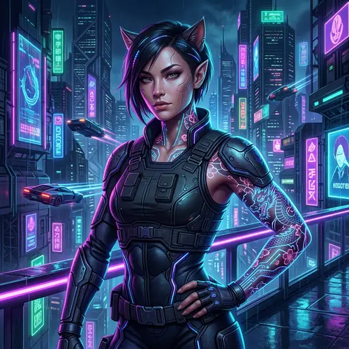 Futuristic Cyberpunk Catwoman: Neon-Lit Augmented Reality