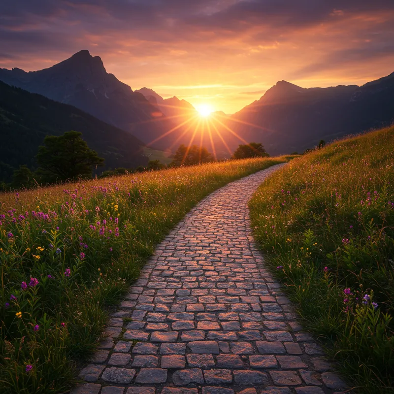 Vibrant Cobblestone Pathway Amidst Nature's Beauty