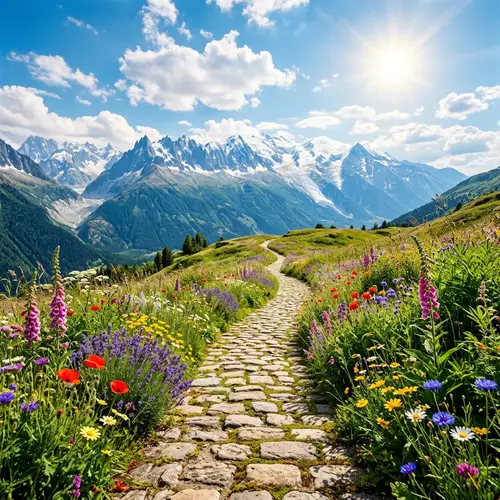 Vibrant Cobblestone Pathway Amidst Nature's Beauty